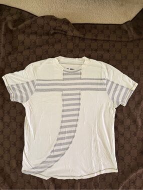Marithe Francois Girbaud White Tee with Light Gray Striped Graphic, Size XX